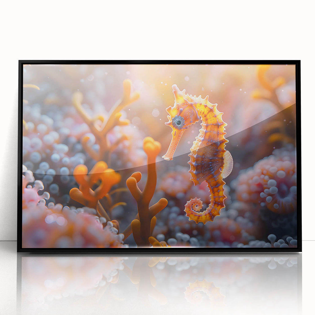 Framed wall art showcasing a vibrant marine life fish design in shades of blue and green, set against a sleek black frame, perfect for ocean-themed decor.