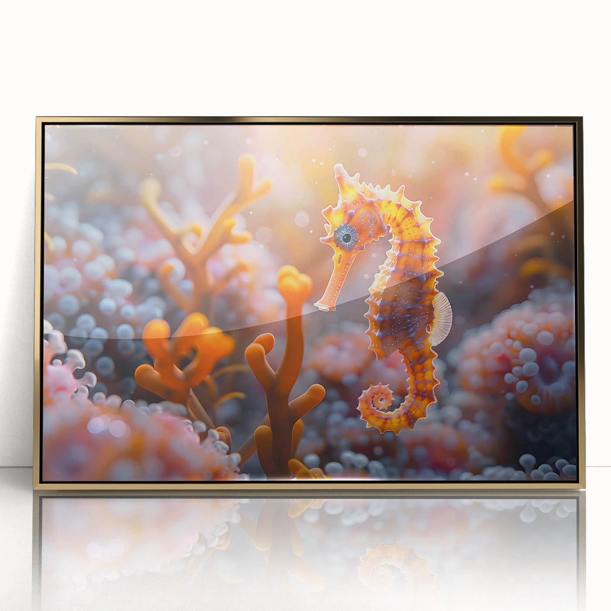 Framed wall art featuring a vibrant marine life fish design with gold accents, showcasing colorful aquatic creatures set against a deep blue background, perfect for ocean-themed decor.