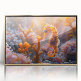 Framed wall art featuring a vibrant marine life fish design with gold accents, showcasing colorful aquatic creatures set against a deep blue background, perfect for ocean-themed decor.
