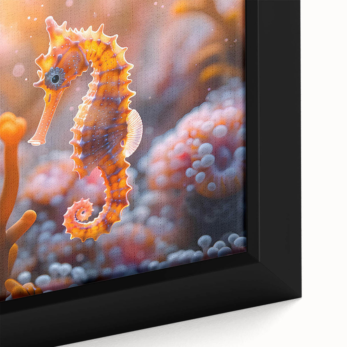 Close-up of a vibrant marine life design featuring colorful fish and coral on a framed canvas wall art piece, perfect for ocean-themed decor.