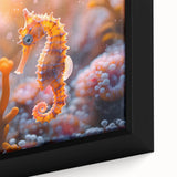 Close-up of a vibrant marine life design featuring colorful fish and coral on a framed canvas wall art piece, perfect for ocean-themed decor.