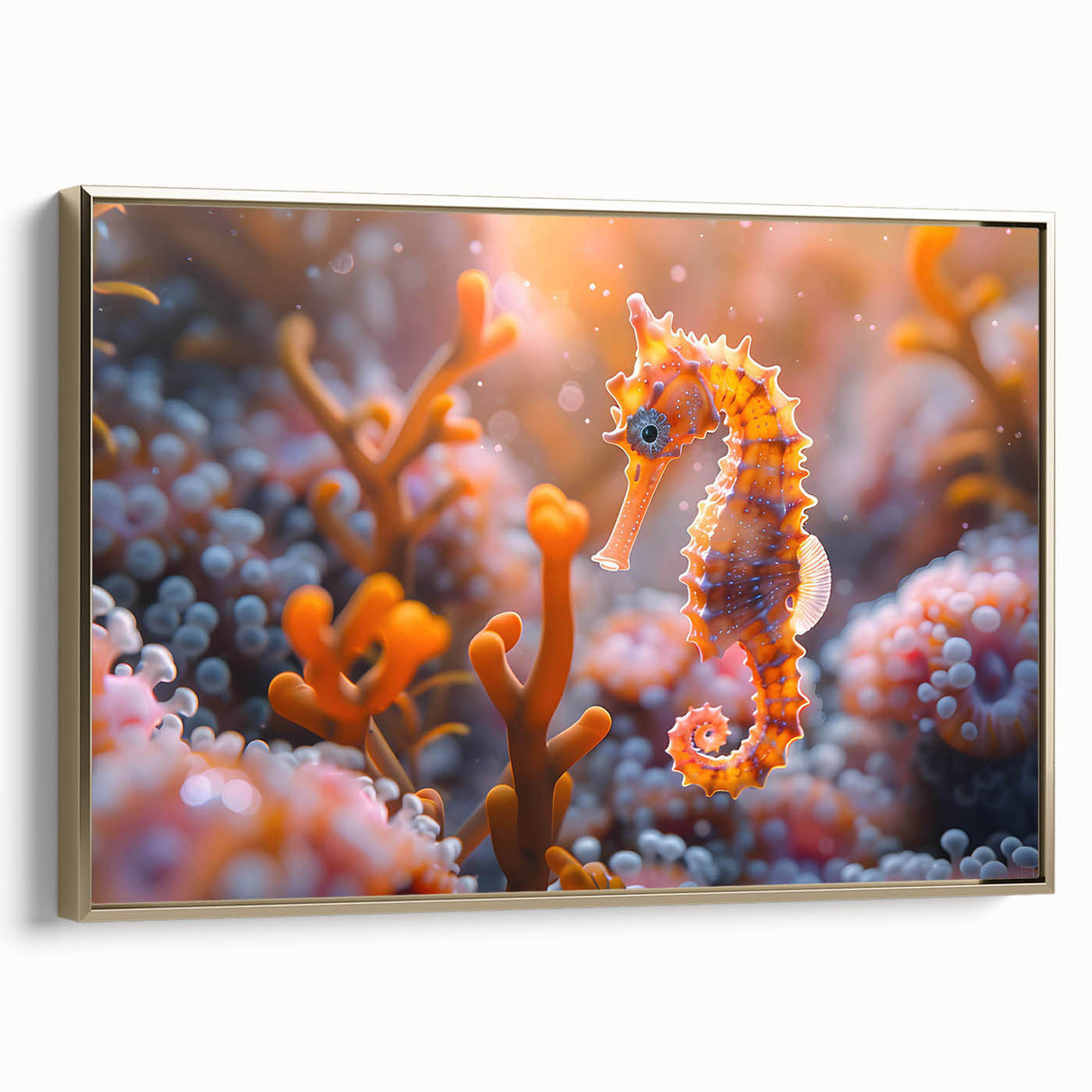 Framed canvas wall art featuring a vibrant marine life fish design with gold accents, showcasing colorful aquatic creatures on a textured background, perfect for ocean-themed decor.