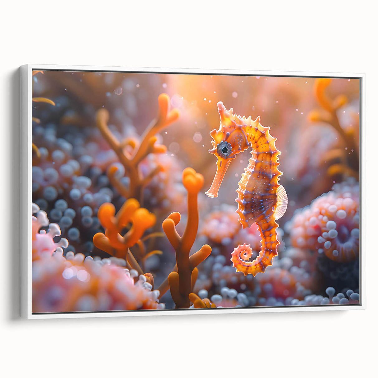 Framed canvas wall art featuring a vibrant marine life fish design, showcasing colorful sea creatures in a captivating arrangement, set against a white background. Ideal for ocean-themed decor or nature enthusiasts.