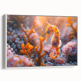 Framed canvas wall art featuring a vibrant marine life fish design, showcasing colorful sea creatures in a captivating arrangement, set against a white background. Ideal for ocean-themed decor or nature enthusiasts.