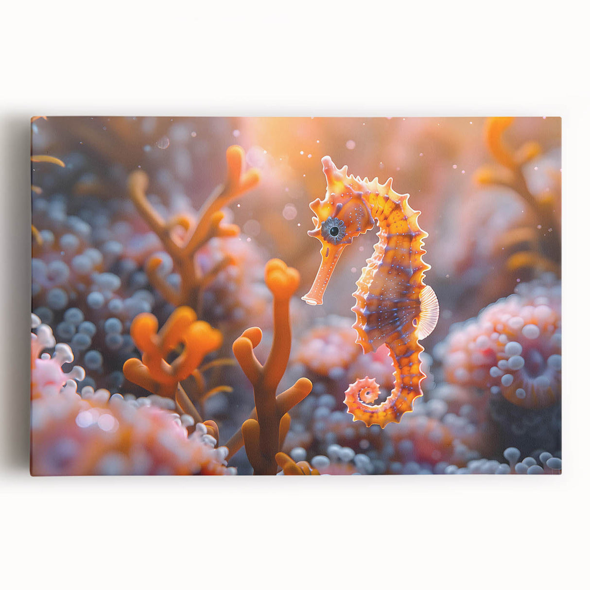 Vibrant stretched canvas artwork showcasing a colorful marine life fish design, ideal for ocean-themed decor, featuring intricate details and a vivid color palette.