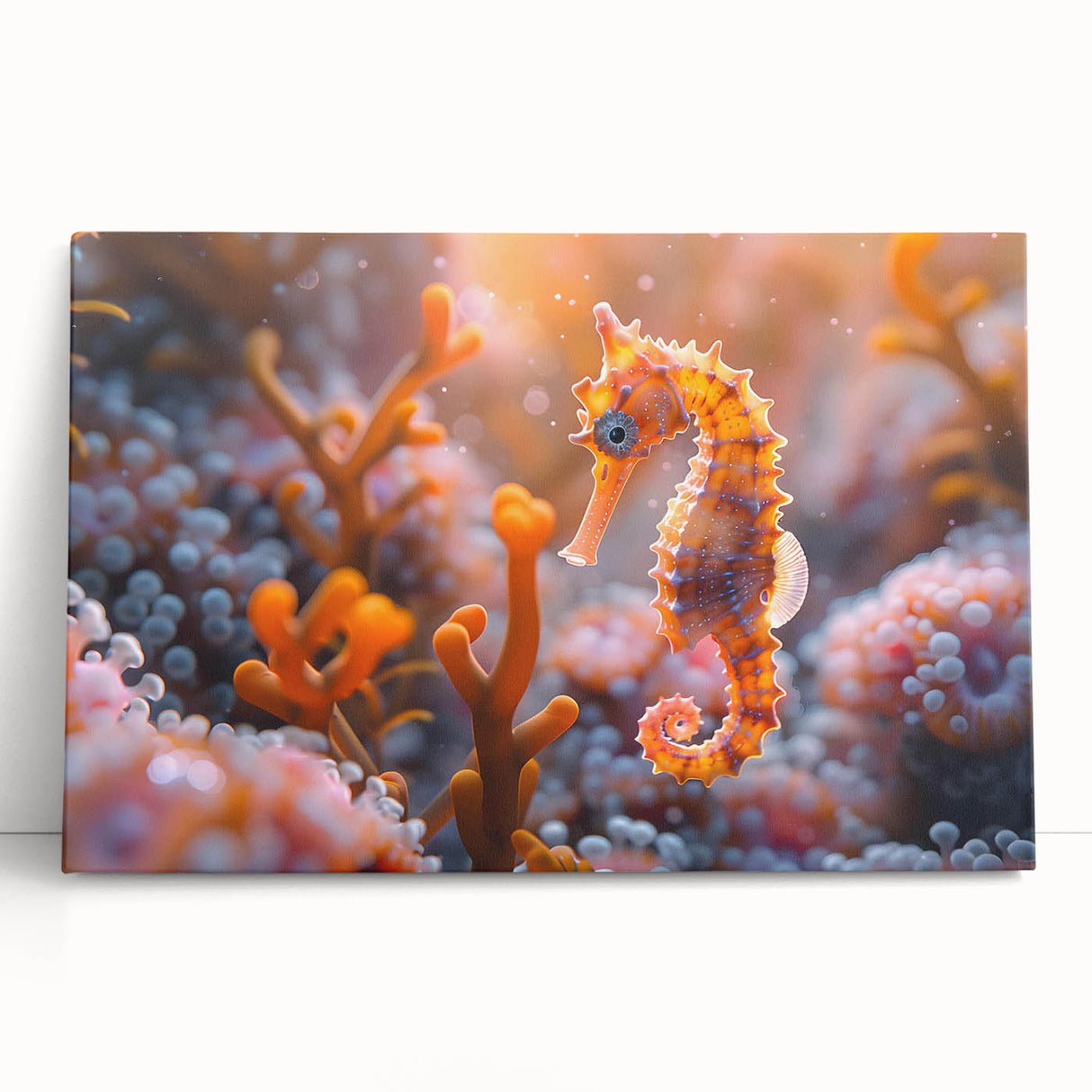 Vibrant stretched canvas wall art featuring a colorful marine life fish design, showcasing various fish species in a dynamic underwater scene, ideal for ocean-themed decor.