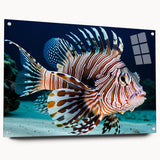 Colorful marine life wall art collection featuring various fish designs on acrylic glass, displayed in a side view with pins, ideal for aquatic-themed decor.