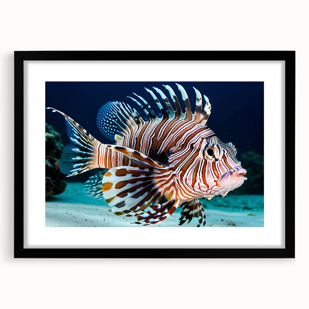 Framed wall art showcasing a vibrant marine life fish design, featuring a black frame and mat, perfect for enhancing aquatic-themed decor in homes or offices.