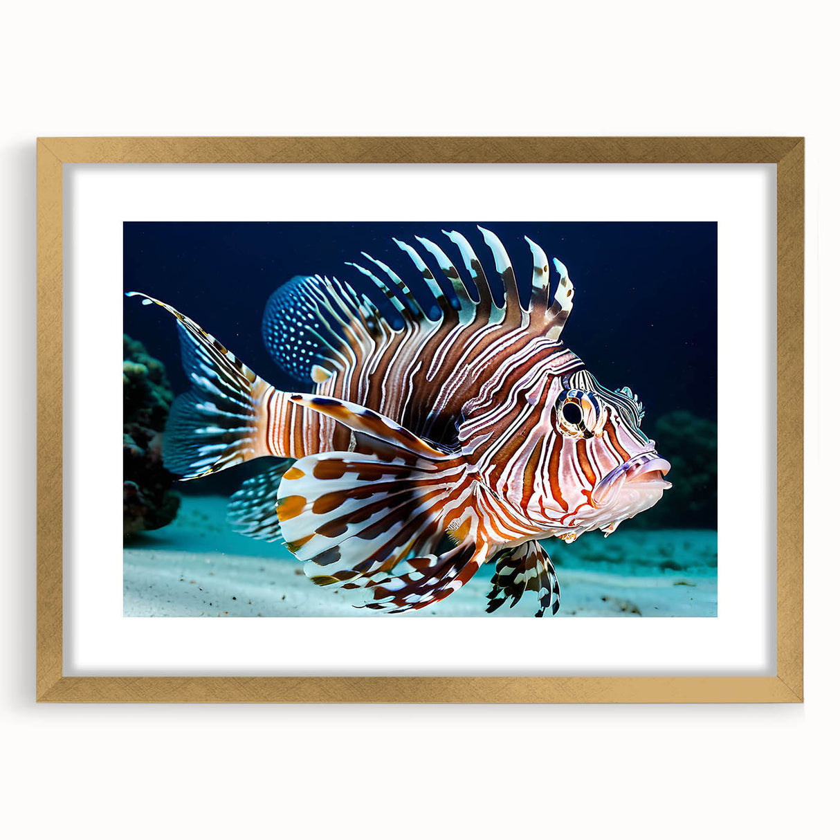 Elegant wall art featuring a marine life fish design in a gold frame, showcasing vibrant colors and intricate details, perfect for enhancing coastal decor.