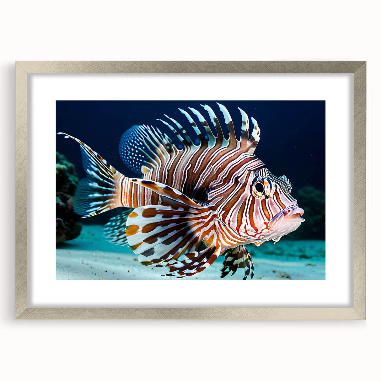 Framed wall art featuring a vibrant marine life fish design with a silver mat and frame, perfect for ocean-themed decor. Ideal for aquatic enthusiasts and interior styling.