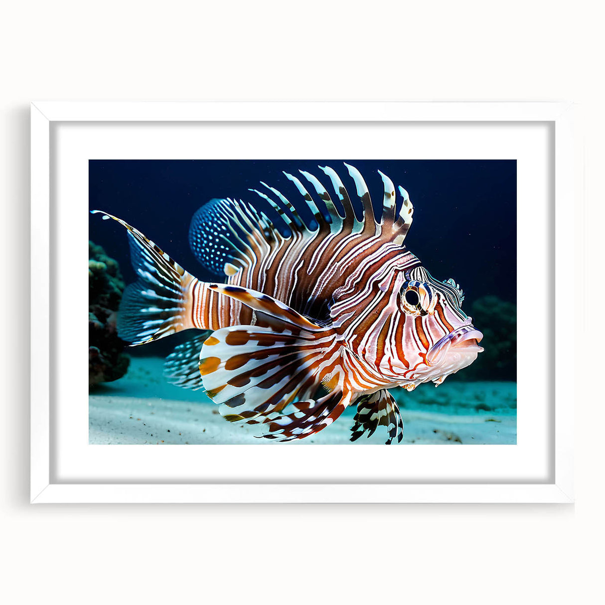 Framed wall art featuring a vibrant marine life fish design, showcasing detailed aquatic imagery in a white frame with a mat, perfect for ocean-themed decor.
