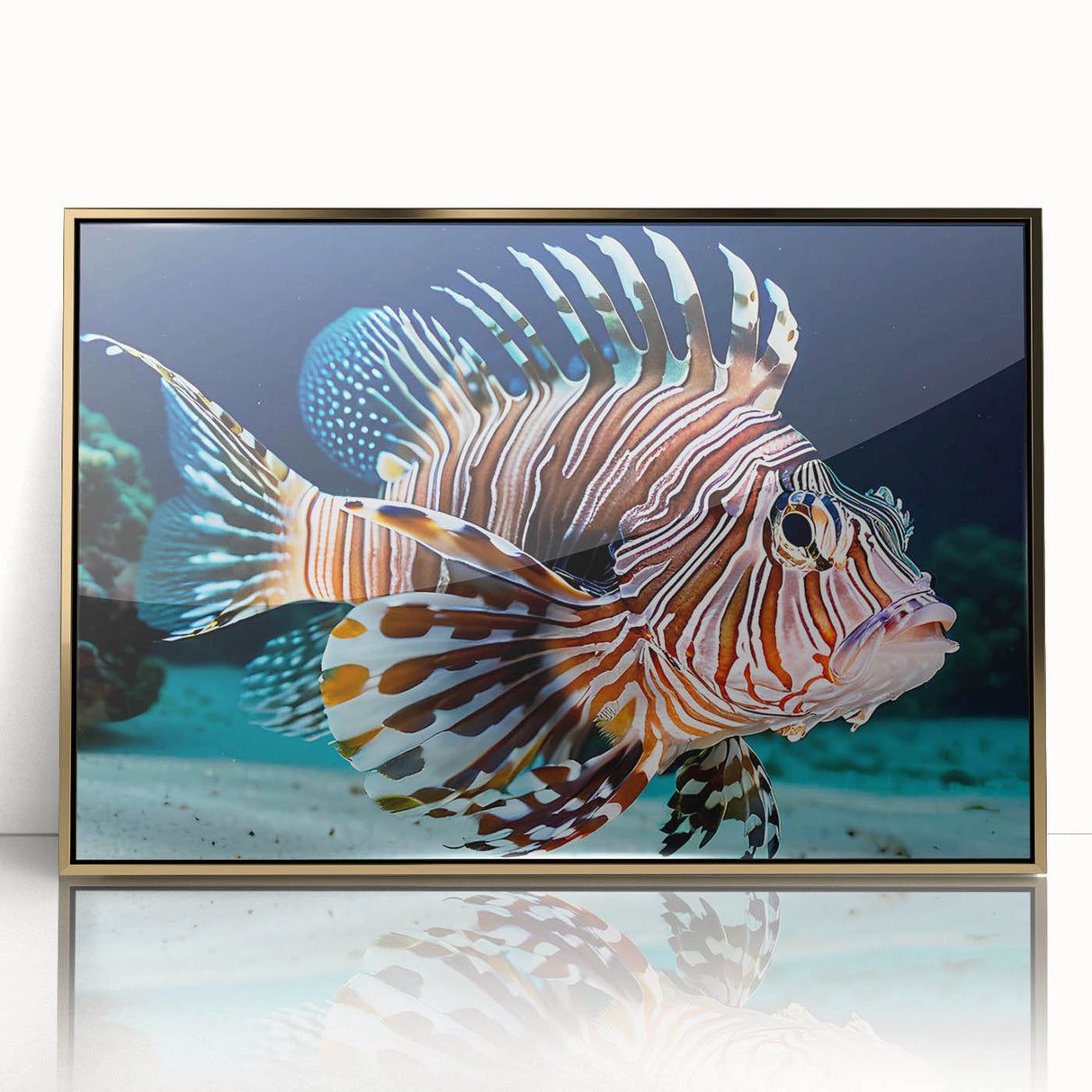 Framed wall art featuring a vibrant marine life fish design in gold, showcasing intricate aquatic details against a sleek acrylic background, perfect for ocean-themed decor.