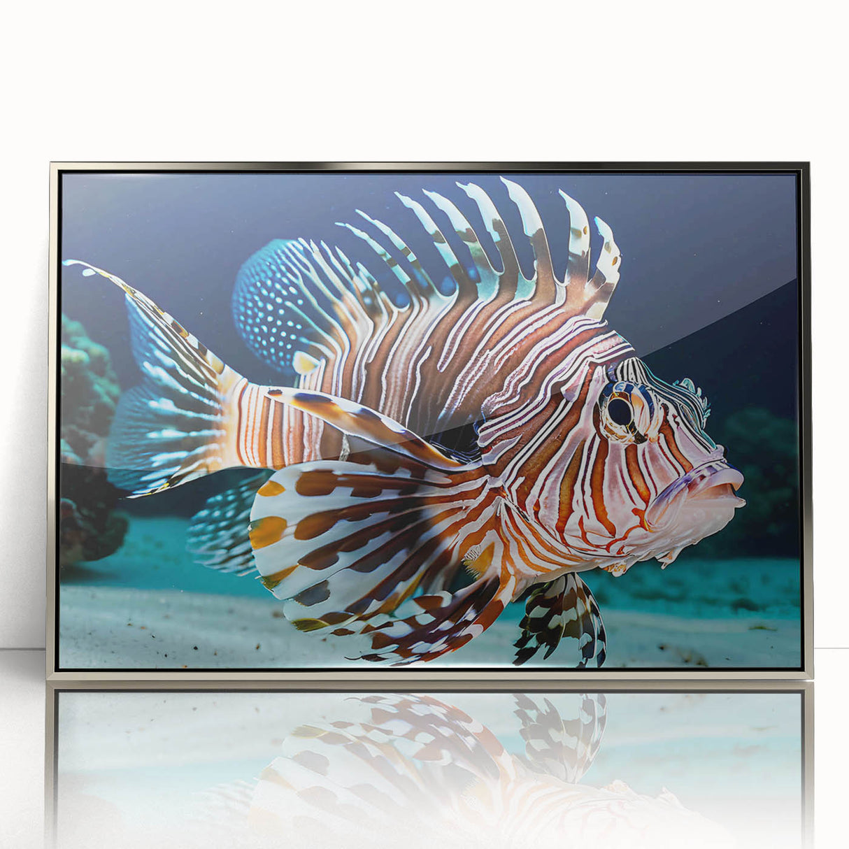Framed acrylic wall art showcasing a vibrant marine life fish design, featuring intricate details and a sleek silver frame, ideal for ocean-themed decor.