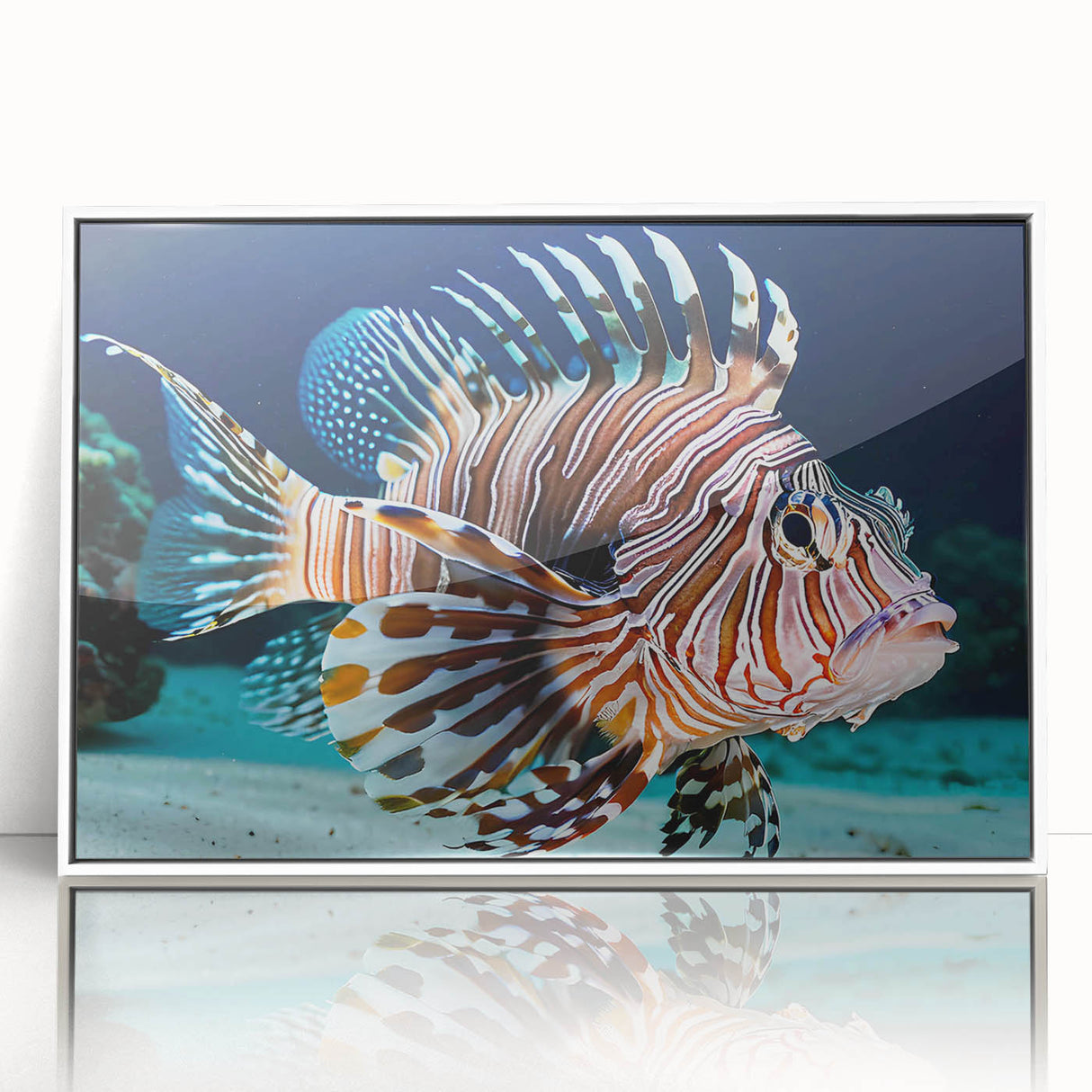 Framed wall art featuring a marine life fish design with vibrant colors, displayed in a sleek white frame, perfect for ocean-themed decor in living spaces.