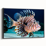 Framed wall art collection showcasing vibrant marine life fish design on a textured canvas, featuring a sleek black frame and side view display. Perfect for ocean-themed decor enthusiasts.