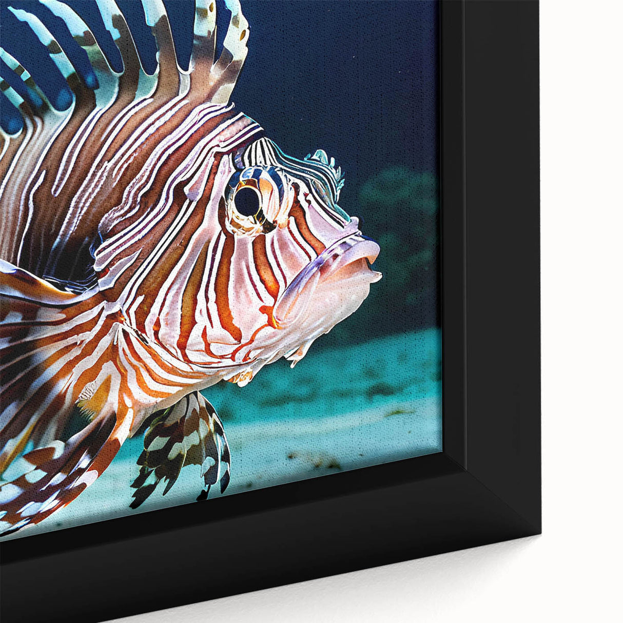 Close-up of a framed canvas wall art depicting vibrant marine life with colorful fish designs, ideal for ocean-themed decor, showcasing intricate details and textures.