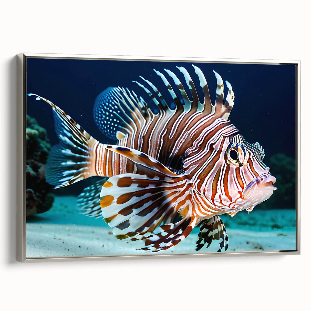 Framed canvas wall art showcasing a vibrant marine life fish design in a silver frame, perfect for ocean-themed decor, enhancing any living space.