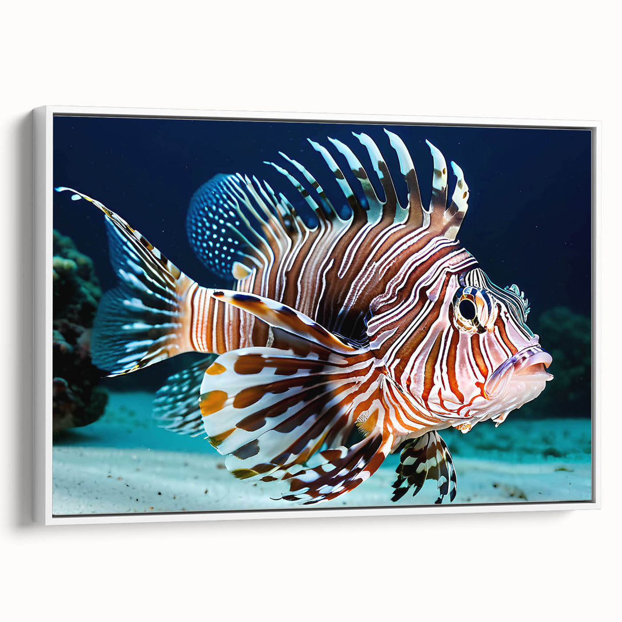 Framed canvas wall art showcasing a vibrant marine life fish design, featuring a white frame and side view display, perfect for aquatic-themed decor.