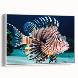 Framed canvas wall art showcasing a vibrant marine life fish design, featuring a white frame and side view display, perfect for aquatic-themed decor.