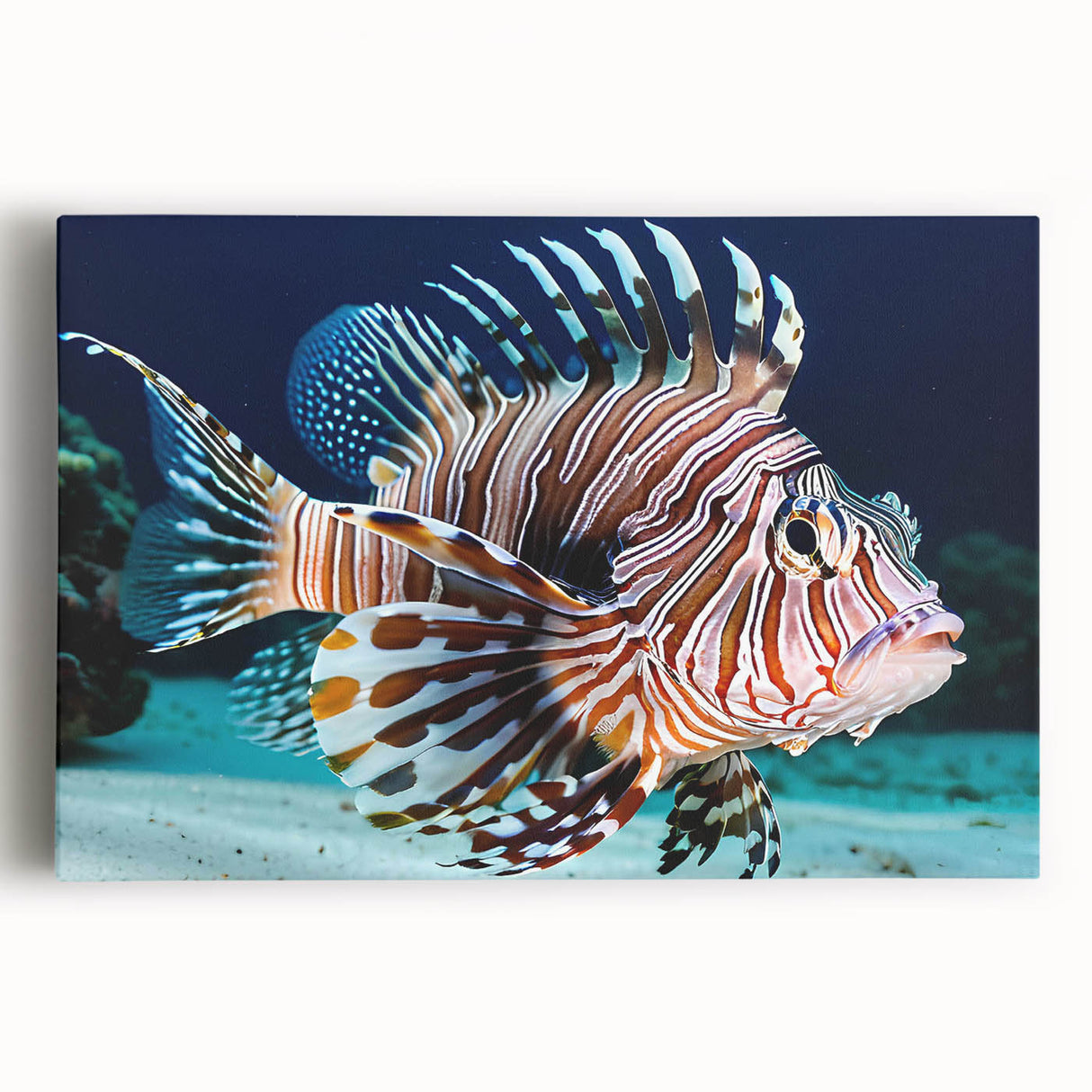 Stretched canvas wall art featuring a vibrant marine life fish design, showcasing colorful aquatic species against a serene blue background. Perfect for ocean-themed decor.