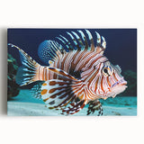 Stretched canvas wall art featuring a vibrant marine life fish design, showcasing colorful aquatic species against a serene blue background. Perfect for ocean-themed decor.