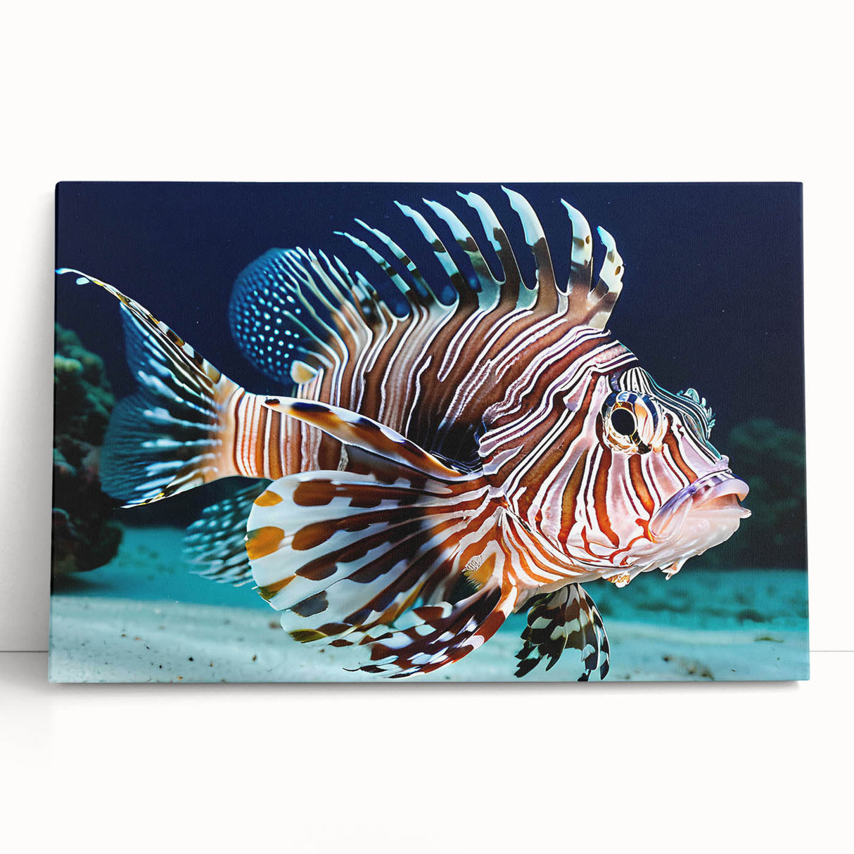 Colorful marine life wall art featuring a vibrant fish design on stretched canvas, leaning against a neutral backdrop, perfect for enhancing coastal decor.