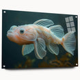 Vibrant marine life wall art design featuring colorful fish and aquatic elements, showcased in a sleek acrylic glass frame with stylish pins, perfect for ocean-themed decor.