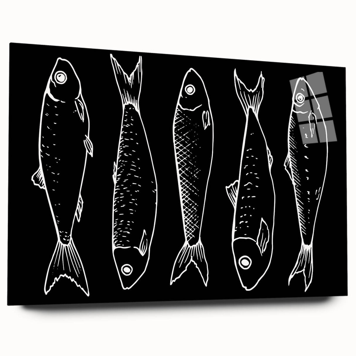 Colorful marine life wall art collection in acrylic glass, showcasing vibrant fish designs, perfect for coastal-themed decor. Side view highlights its sleek finish and absence of visible mounting pins, ideal for modern interiors.