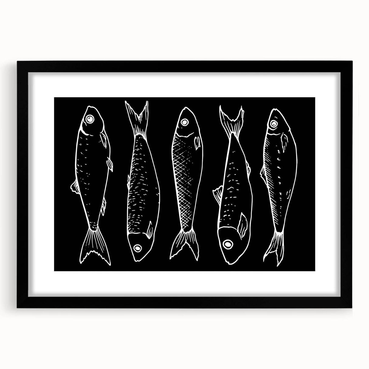 Framed wall art featuring a vibrant marine life fish design with a black frame and mat, showcasing colorful aquatic elements, perfect for ocean-themed decor.