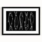 Framed wall art featuring a vibrant marine life fish design with a black frame and mat, showcasing colorful aquatic elements, perfect for ocean-themed decor.