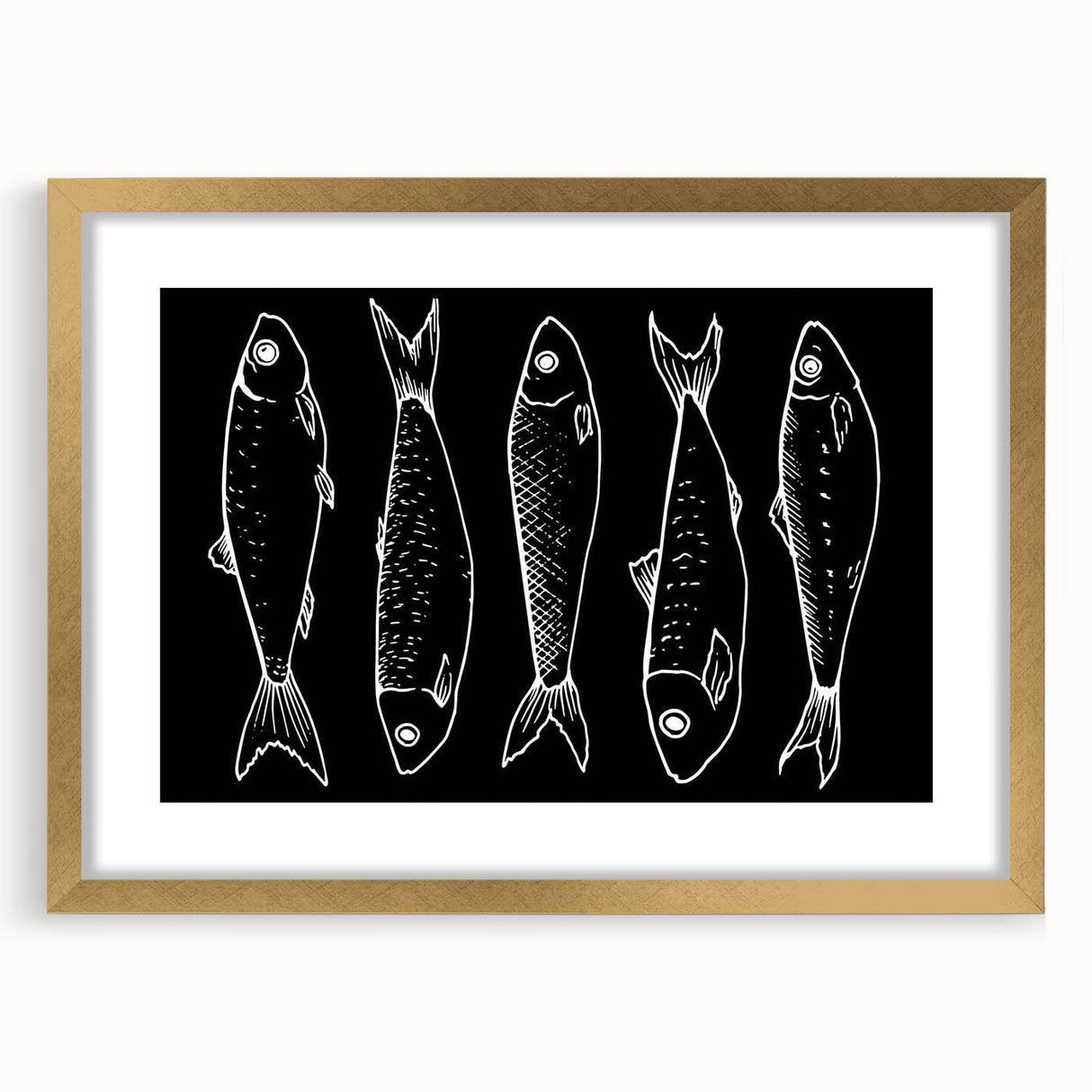 Gold-framed wall art showcasing a vibrant marine life fish design, featuring detailed illustrations of various colorful fish, perfect for ocean-themed decor.