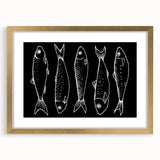 Gold-framed wall art showcasing a vibrant marine life fish design, featuring detailed illustrations of various colorful fish, perfect for ocean-themed decor.