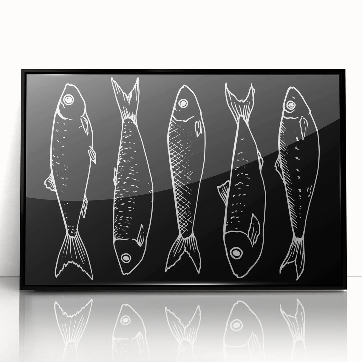 Framed wall art featuring a vibrant marine life fish design, showcasing colorful aquatic species on a black background, perfect for ocean-themed decor.