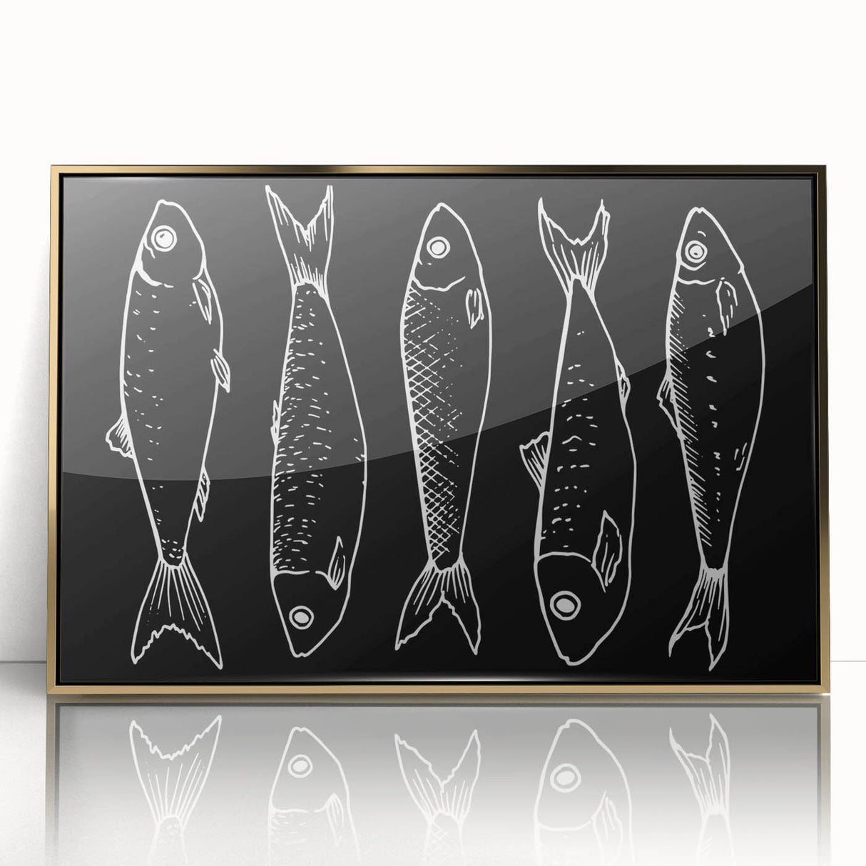 Framed wall art showcasing a vibrant marine life fish design in acrylic with a gold frame, perfect for enhancing coastal-themed home decor.