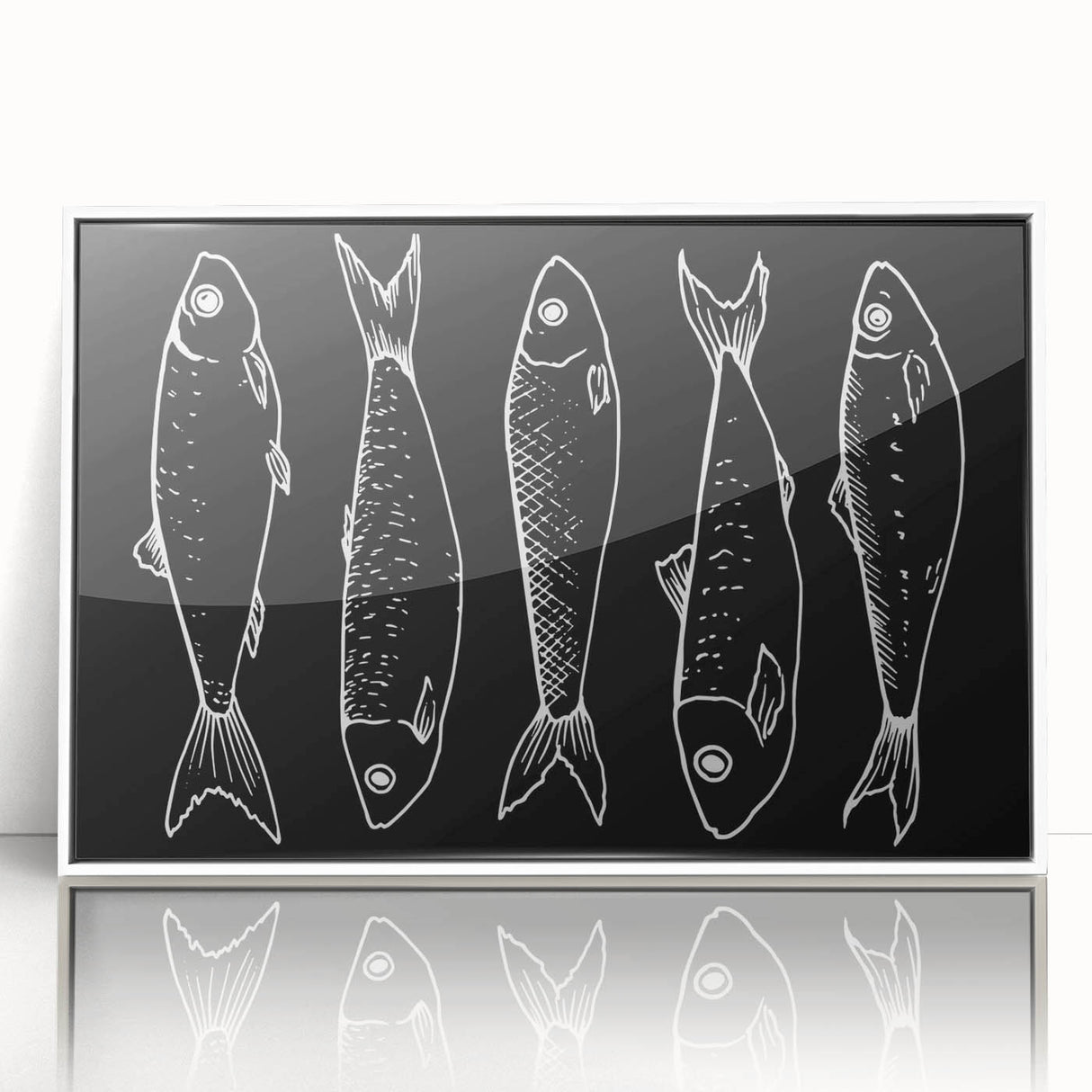 Framed wall art featuring a vibrant marine life fish design in blue and white, showcasing intricate details and textures, perfect for ocean-themed decor.