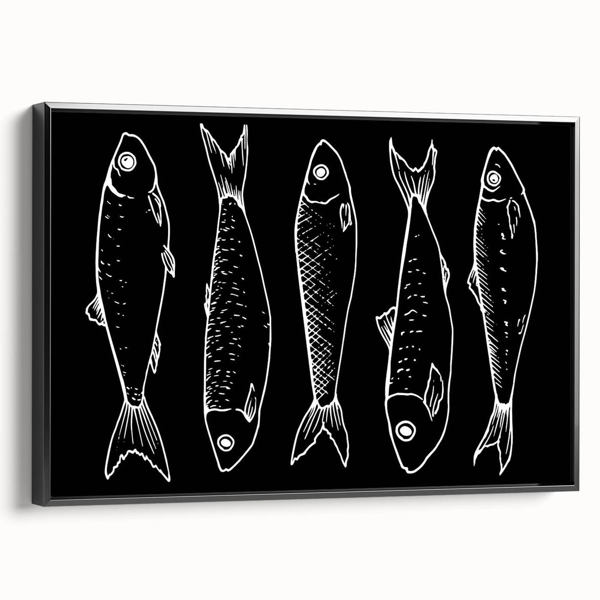 Framed wall art featuring a vibrant marine life fish design, showcasing colorful fish and aquatic elements on a black background, viewed from the side. Perfect for ocean-themed decor.