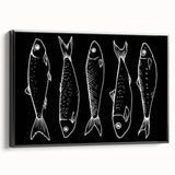 Framed wall art featuring a vibrant marine life fish design, showcasing colorful fish and aquatic elements on a black background, viewed from the side. Perfect for ocean-themed decor.