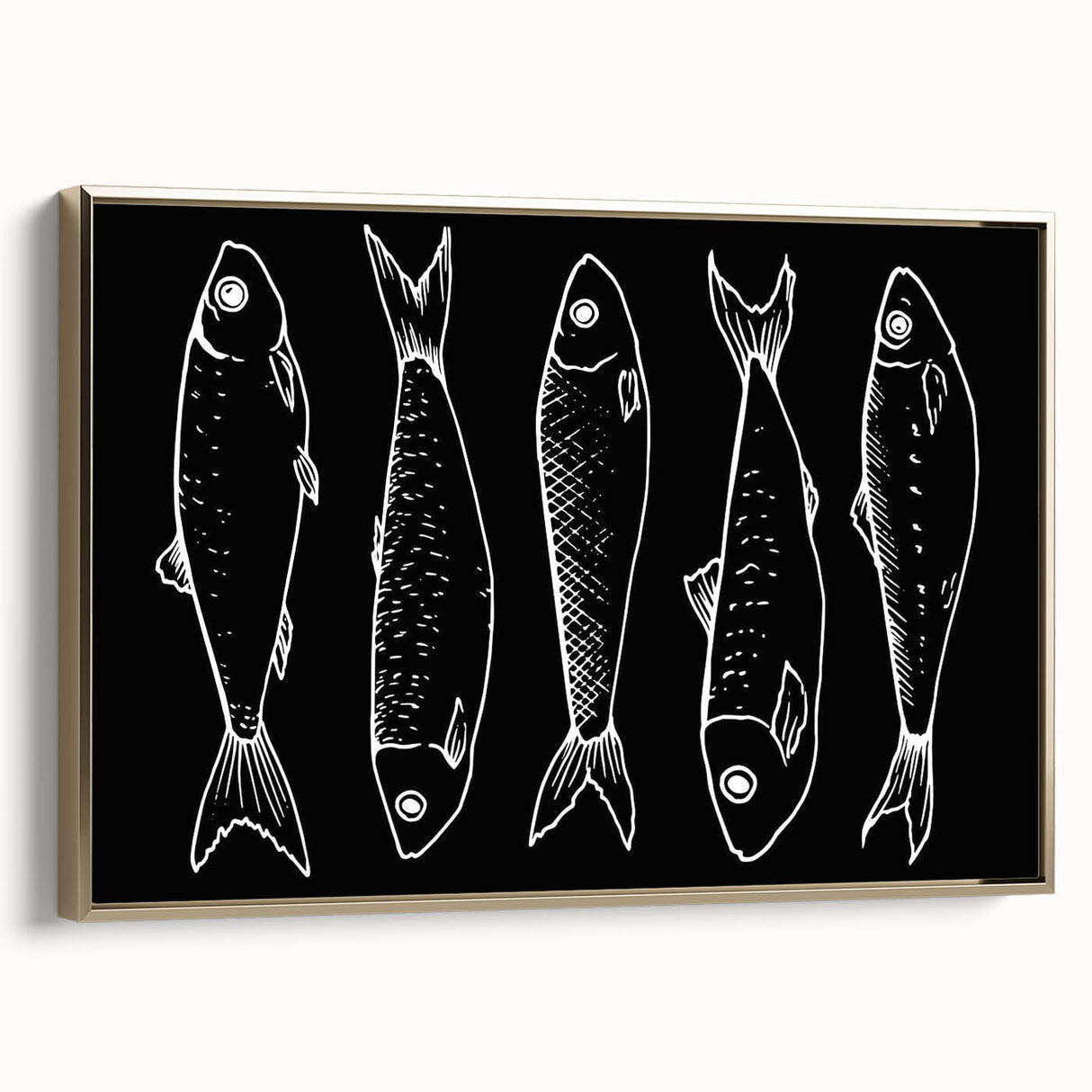 Framed canvas wall art showcasing a vibrant marine life fish design, featuring gold accents and a sleek profile, perfect for ocean-themed decor.