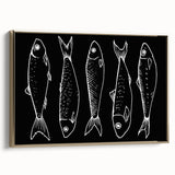 Framed canvas wall art showcasing a vibrant marine life fish design, featuring gold accents and a sleek profile, perfect for ocean-themed decor.