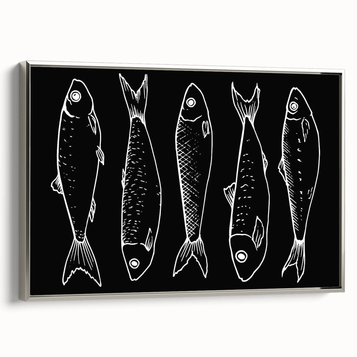 Framed canvas wall art featuring a vibrant marine life fish design in shades of blue and silver, showcasing intricate details and textures, ideal for ocean-themed decor.
