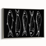 Framed canvas wall art featuring a vibrant marine life fish design in shades of blue and silver, showcasing intricate details and textures, ideal for ocean-themed decor.