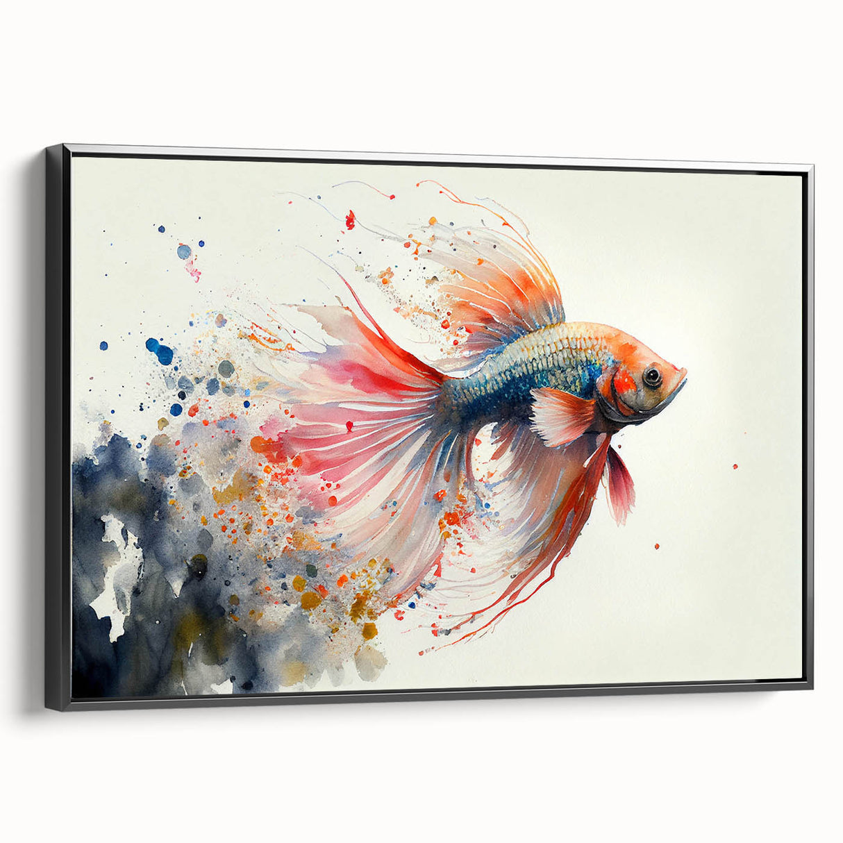 Framed wall art showcasing a vibrant marine life fish design, featuring rich colors and intricate details, displayed in a sleek black frame for modern decor.