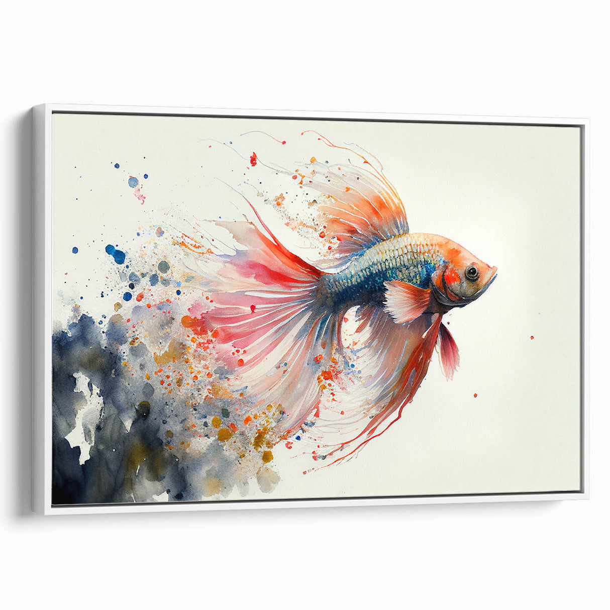 Framed wall art showcasing a vibrant marine life fish design in a modern style, with a white frame, ideal for ocean-themed decor in homes or offices.