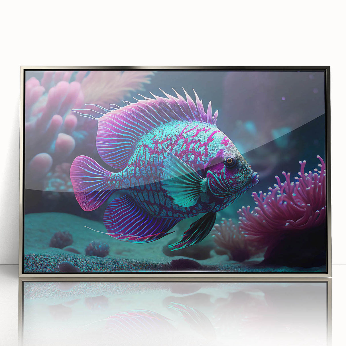 Framed wall art featuring a vibrant marine life fish design, showcased in a sleek silver frame, perfect for ocean-themed decor in living spaces.