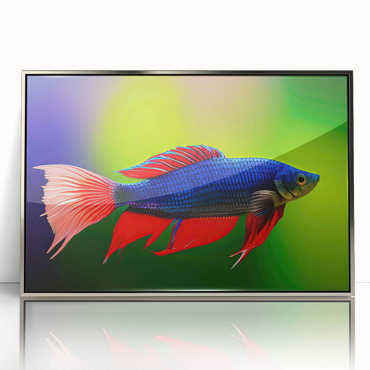 Framed wall art showcasing a vibrant marine life fish design in silver acrylic, perfect for enhancing coastal-themed decor. Ideal for adding a splash of color to any room.