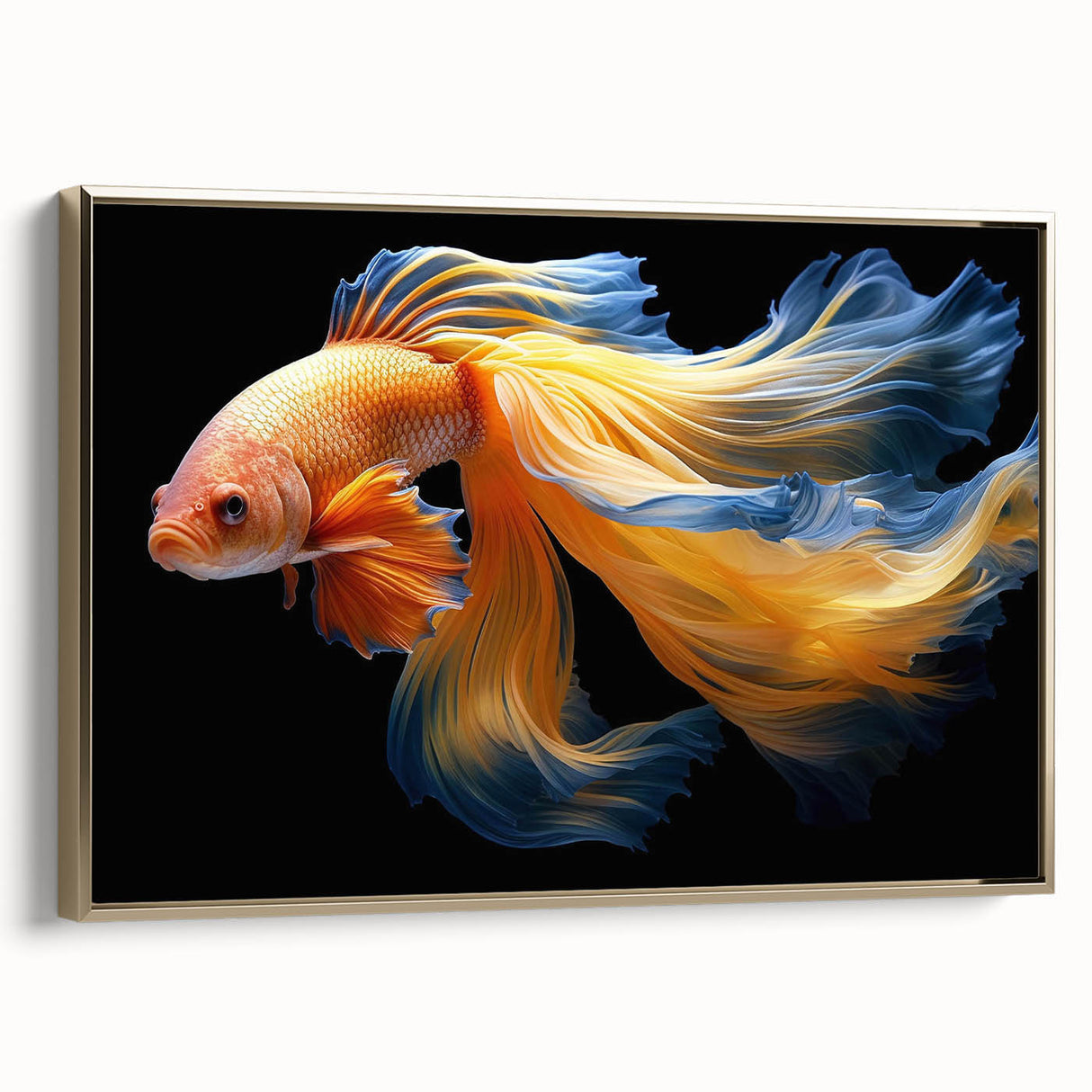 Framed canvas wall art showcasing a vibrant marine life fish design with gold accents, perfect for enhancing coastal-themed interiors. The artwork features colorful fish in a dynamic underwater scene, adding a playful touch to any room decor.