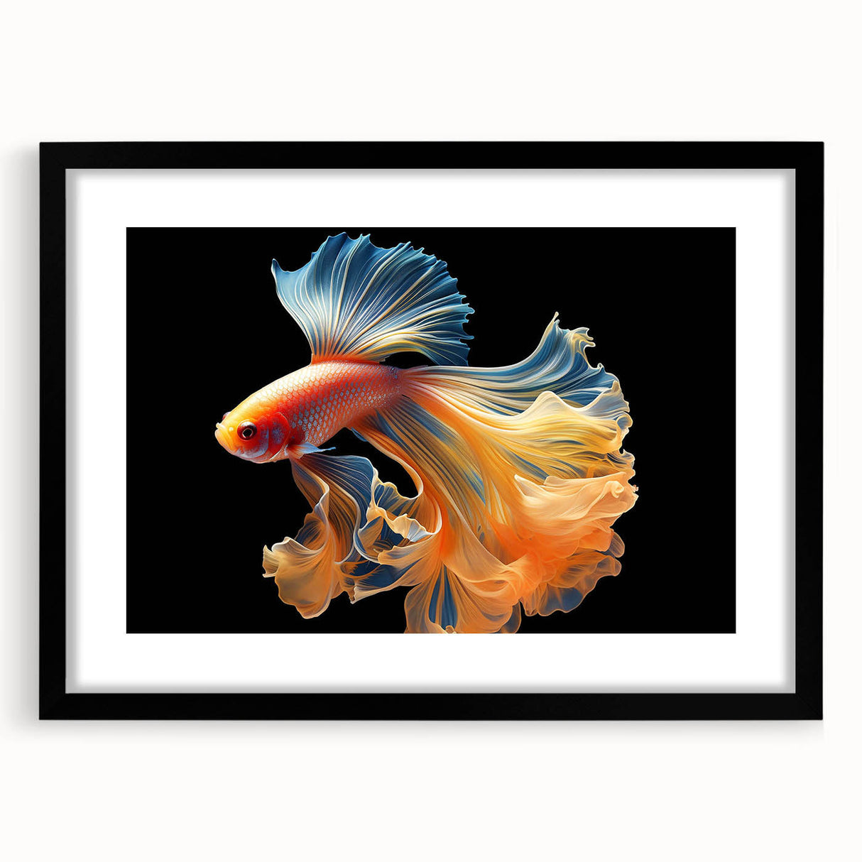 Framed wall art showcasing a vibrant marine life fish design with a black frame and mat, perfect for ocean-themed decor in living spaces or offices.