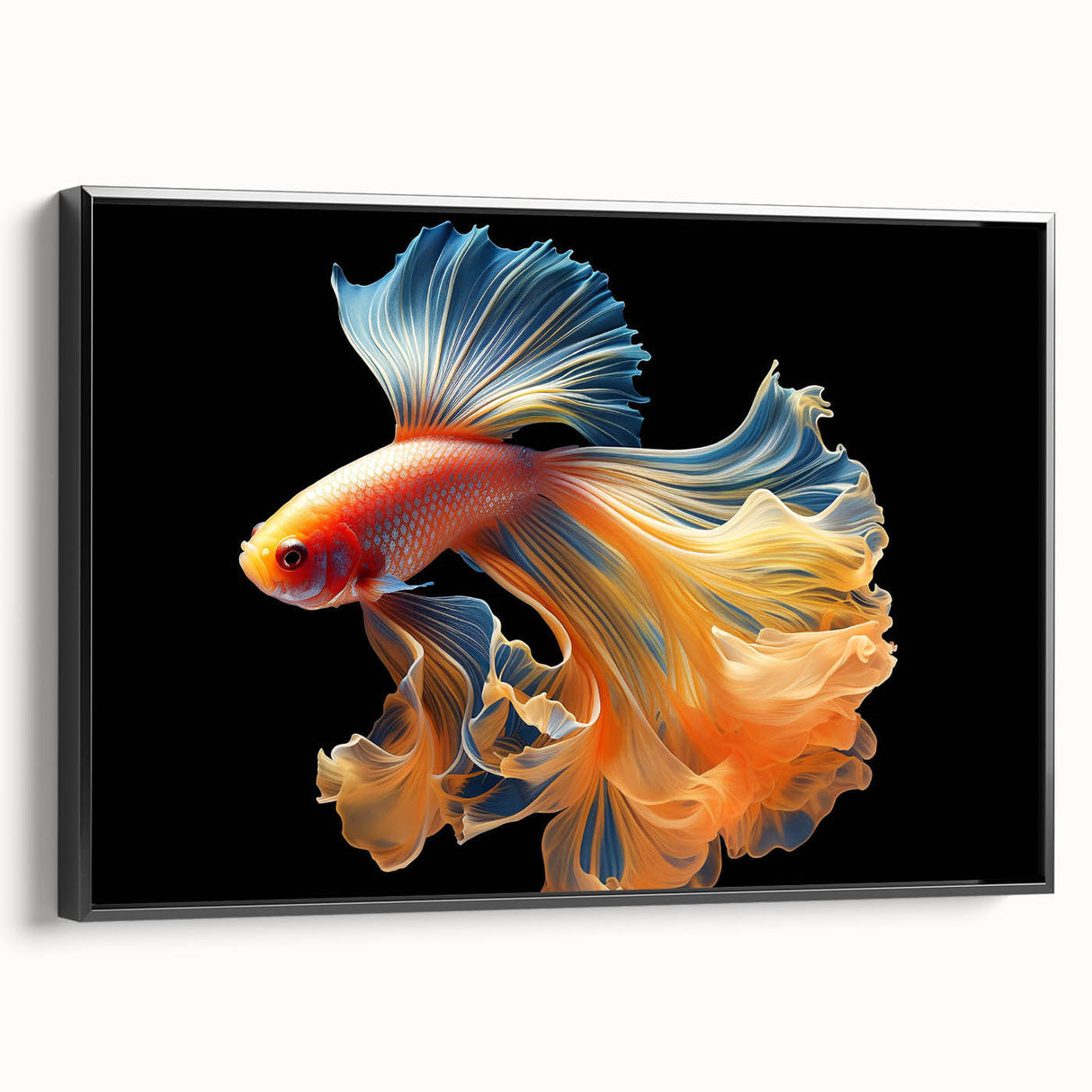 Framed canvas wall art showcasing a vibrant marine life fish design, featuring various colorful fish against a black background, ideal for ocean-themed decor.