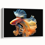 Framed canvas wall art showcasing a vibrant marine life fish design, featuring colorful aquatic elements against a white background for a fresh, modern look. Ideal for ocean-themed decor.