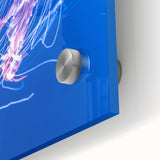 Close-up view of a vibrant jellyfish design on acrylic glass, showcasing intricate colors and textures, perfect for marine life wall art collection decor.